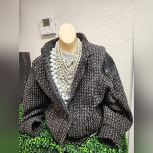 Vintage 80s New York Girl Leather And Wool Tweed Black & Gray Jacket